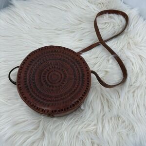 VTG Leather Crossbody Handbag Circular Hand Tooled Handmade Genuine Leather 8"‎